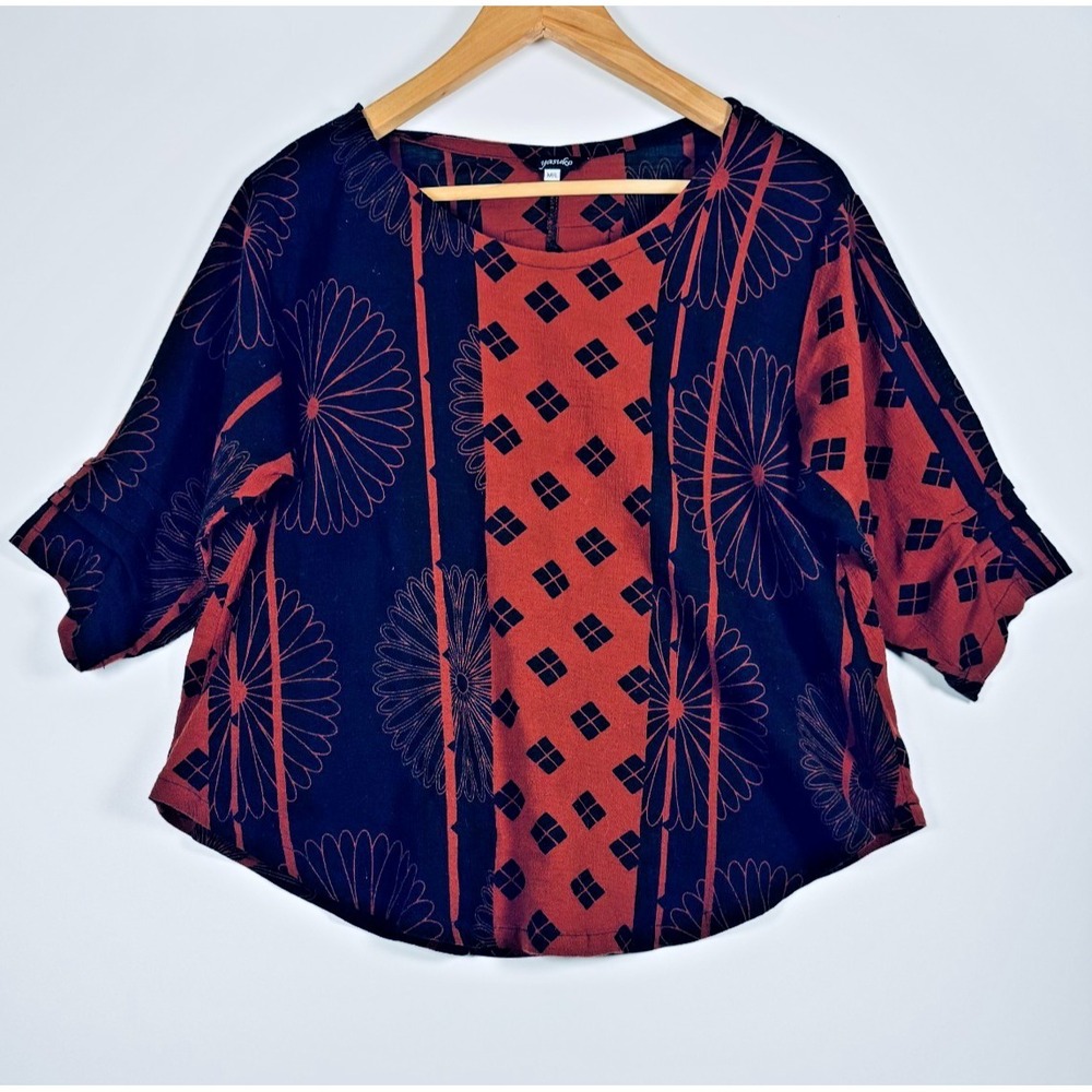 Yasuko Blouse Womens Medium Large Black Red Geometric Art Boxy Lagenlook